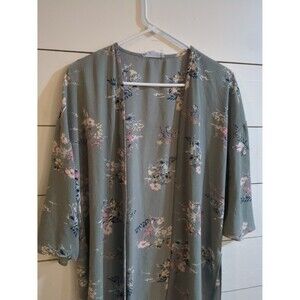 Pink Rose green floral spandex blend cardigan kimono boho cottage summer Beach